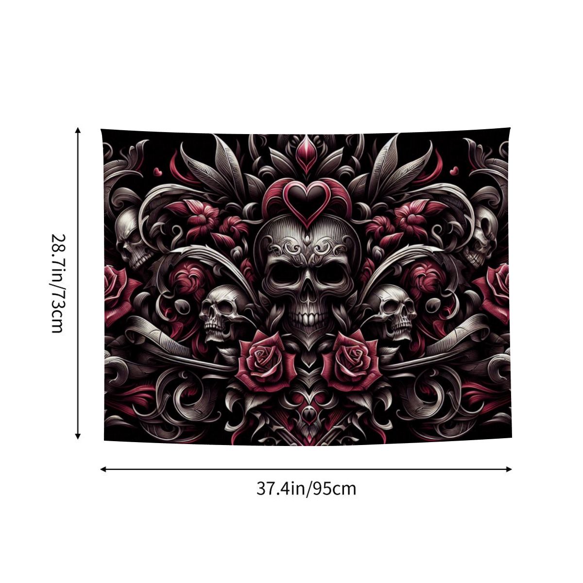 Small Horizontal Lightweight Wall Tapestry for Bedroom gothic image with hearts an skulls and roses in tribals (3)