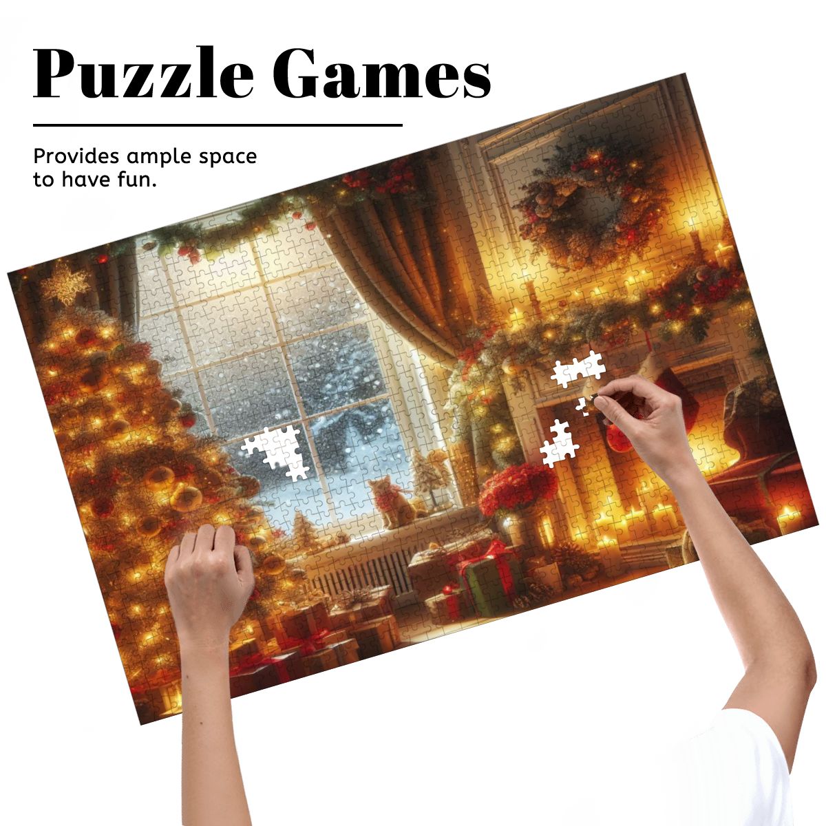 Wooden Jigsaw Puzzles 1000 pcs (Horizontal) A cozy living room decorated for Christmas, with a glowing fireplace casting warm light across the r (3)