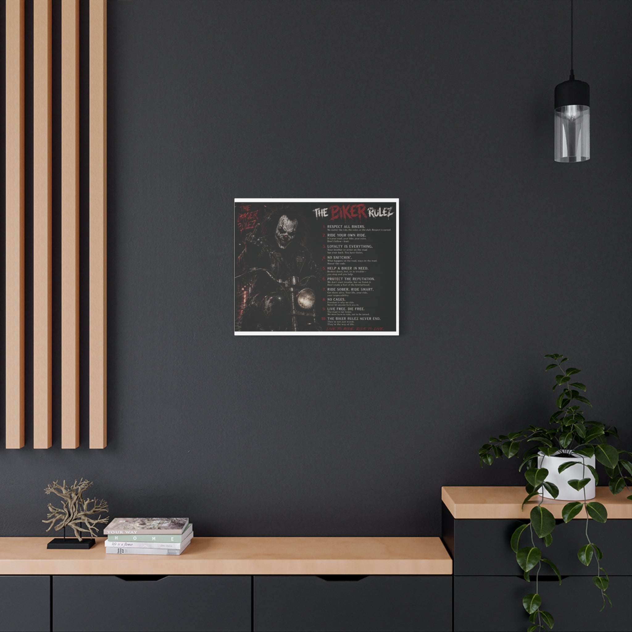 The Biker Rulez Matte Canvas Print — Gothic Motorcycle Wall Art with Rules Text