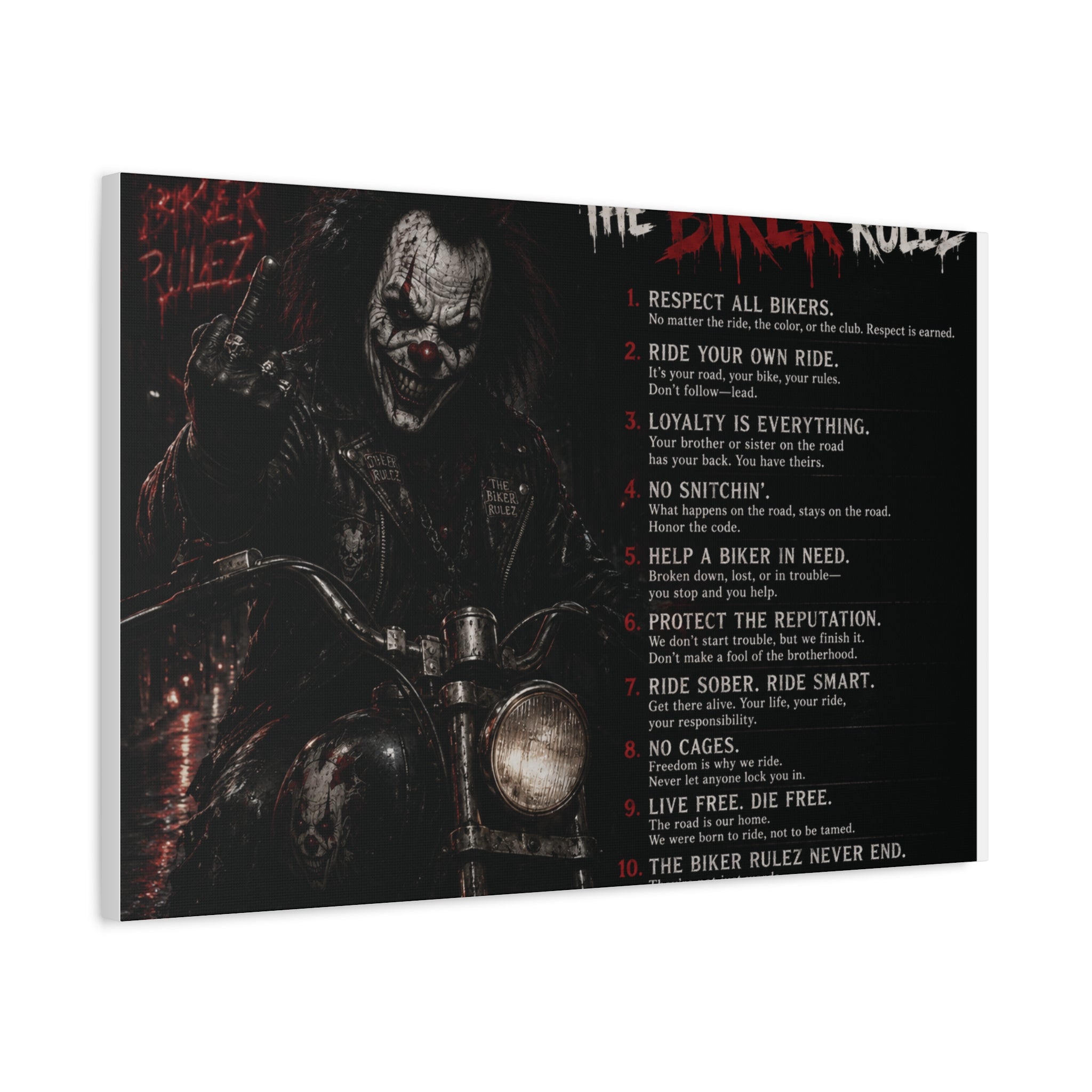 The Biker Rulez Matte Canvas Print — Gothic Motorcycle Wall Art with Rules Text