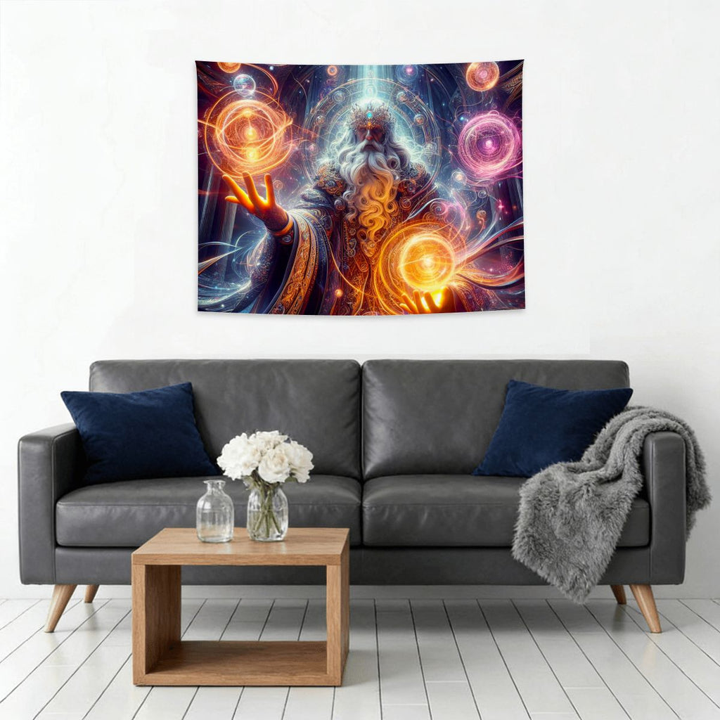 Small Horizontal Lightweight Wall Tapestry for Bedroom A hyperdetailed, raytraced scene depicting powerful wizards in the midst of casting intricate spel (2)edited1