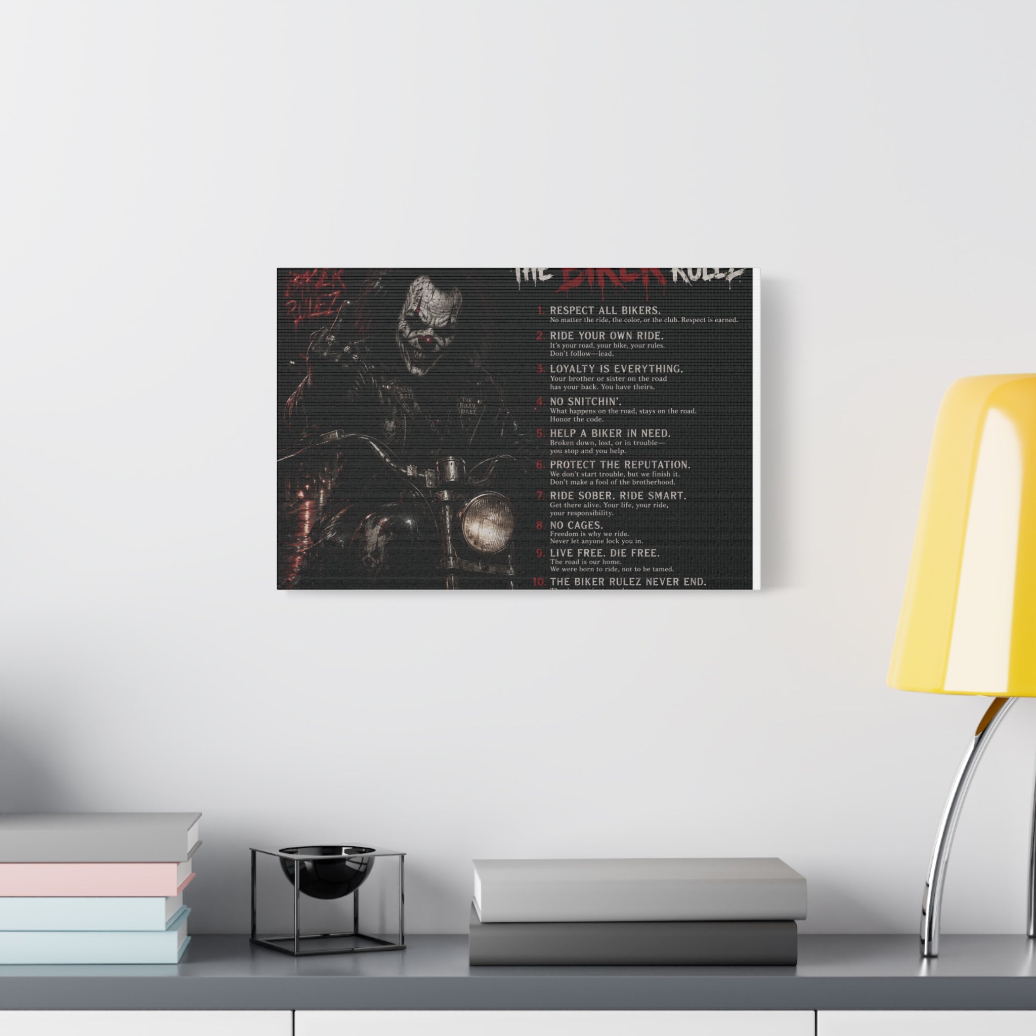 The Biker Rulez Matte Canvas Print — Gothic Motorcycle Wall Art with Rules Text