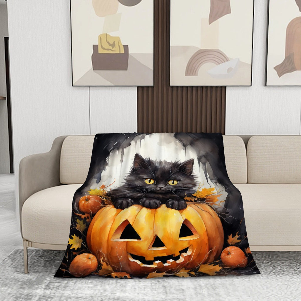 280 GSM MultiSize Flannel Throw Blanket (Vertical) black cat halloween