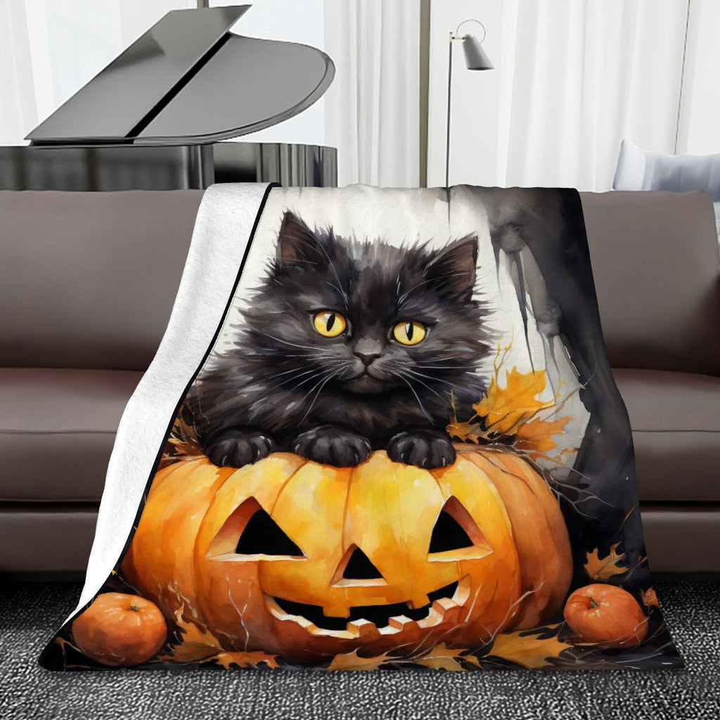 280 GSM MultiSize Flannel Throw Blanket (Vertical) black cat halloween