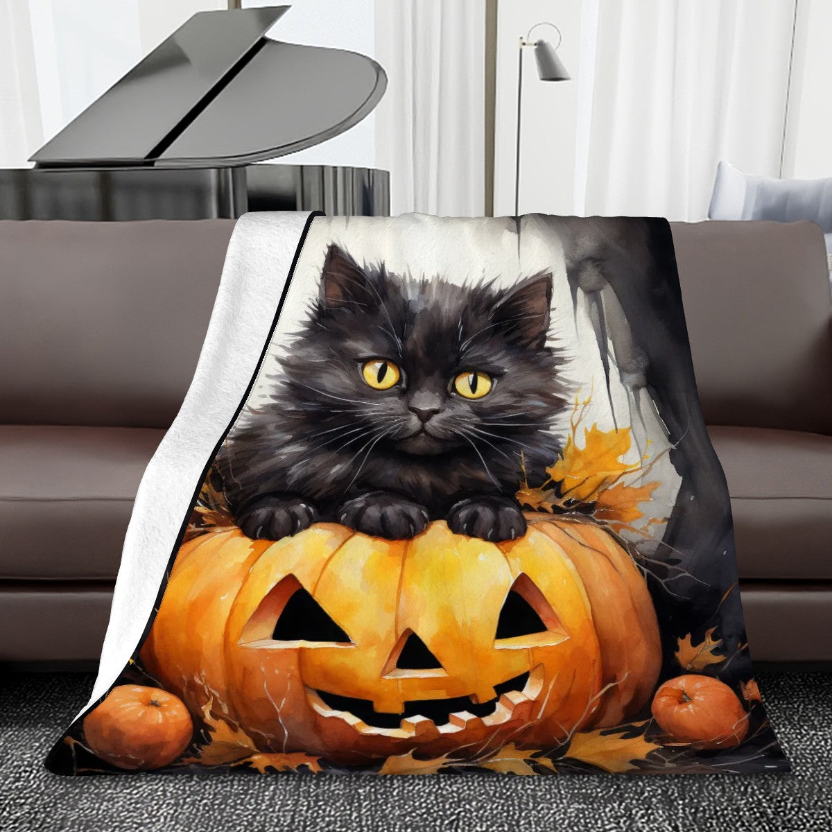 280 GSM MultiSize Flannel Throw Blanket (Vertical) black cat halloween