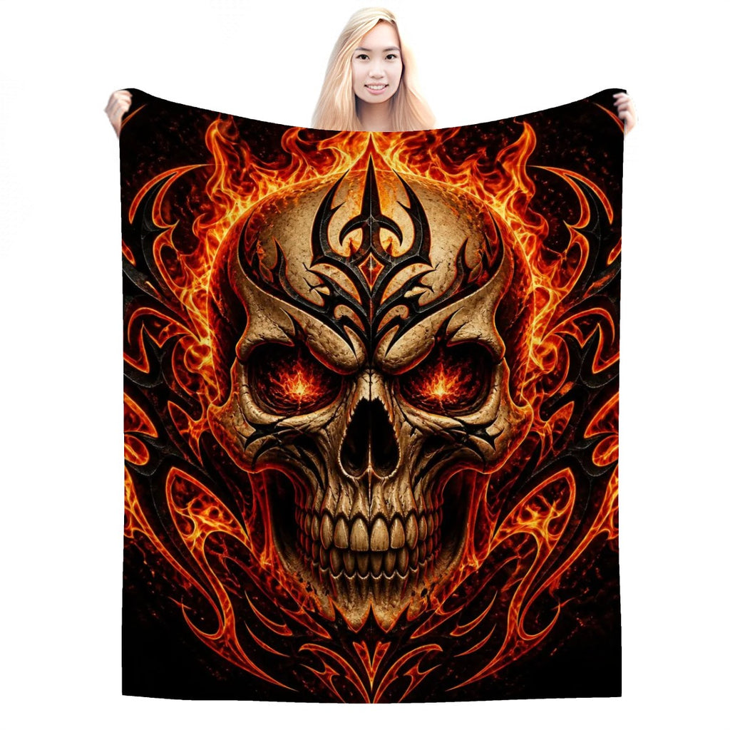 280 GSM MultiSize Flannel Throw Blanket (Vertical) A fiery skull with tribalinspired elements, flames surrounding the skull, bold tribal patterns