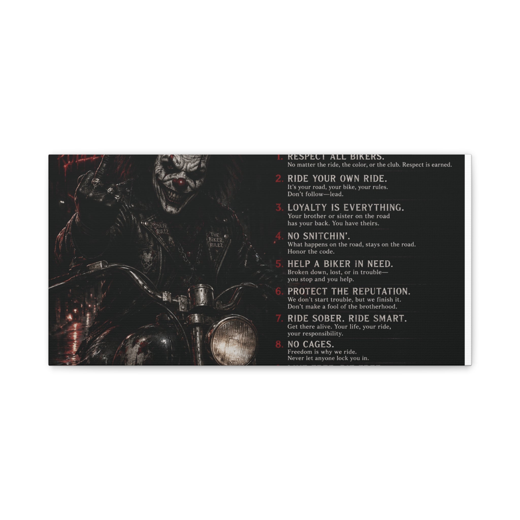 The Biker Rulez Matte Canvas Print — Gothic Motorcycle Wall Art with Rules Text
