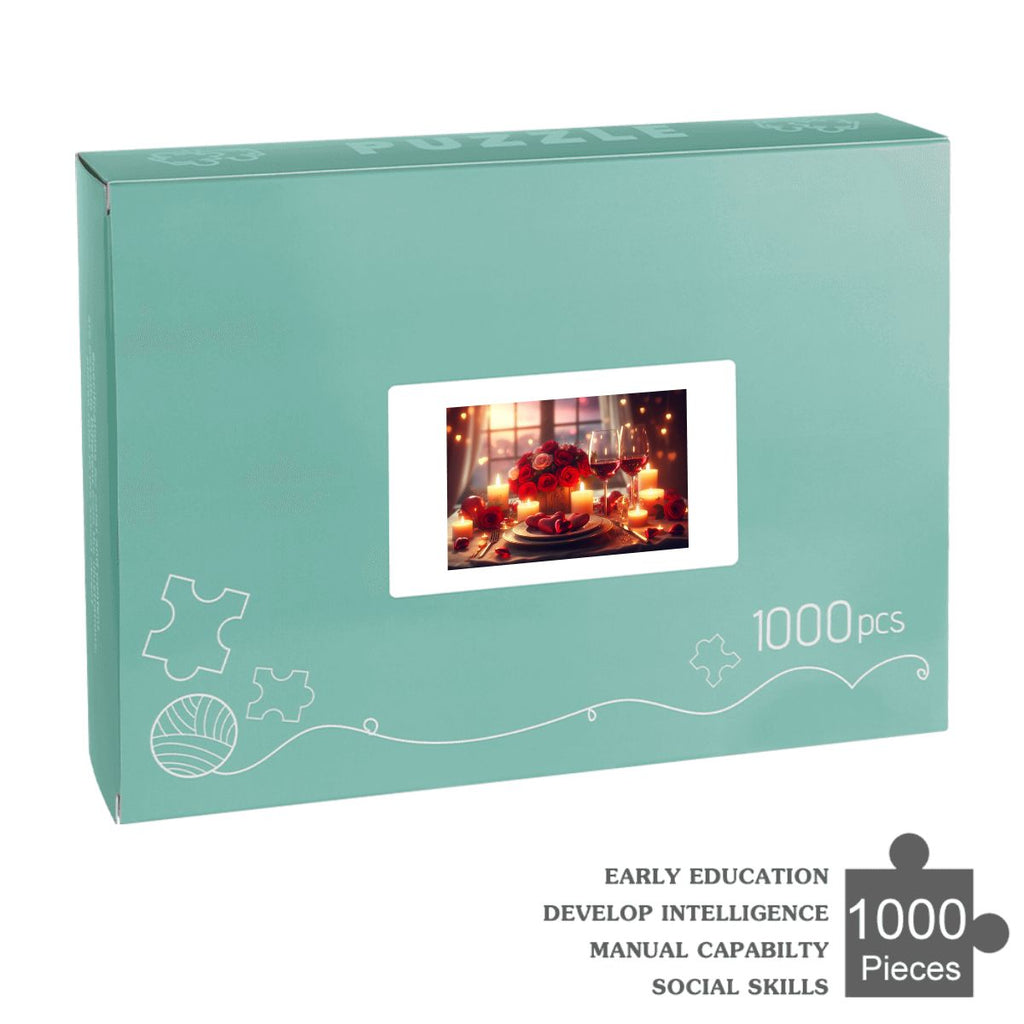 1000pcs Wooden Jigsaw Puzzles (Horizontal) (Made in USA) A romantic Valentine’s Day scene featuring a cozy candlelit dinner table set for two, adorned with r (2)