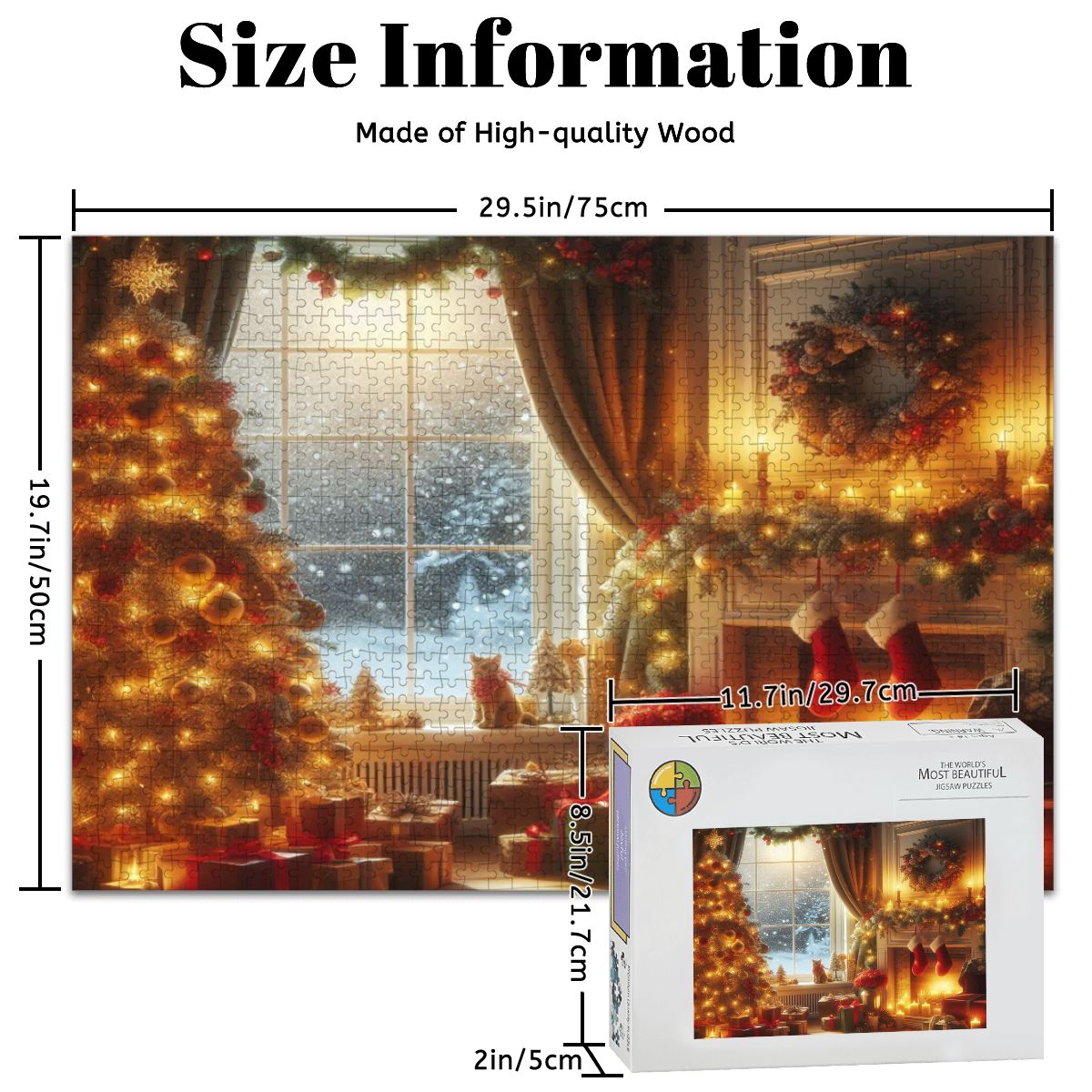 Wooden Jigsaw Puzzles 1000 pcs (Horizontal) A cozy living room decorated for Christmas, with a glowing fireplace casting warm light across the r (3)