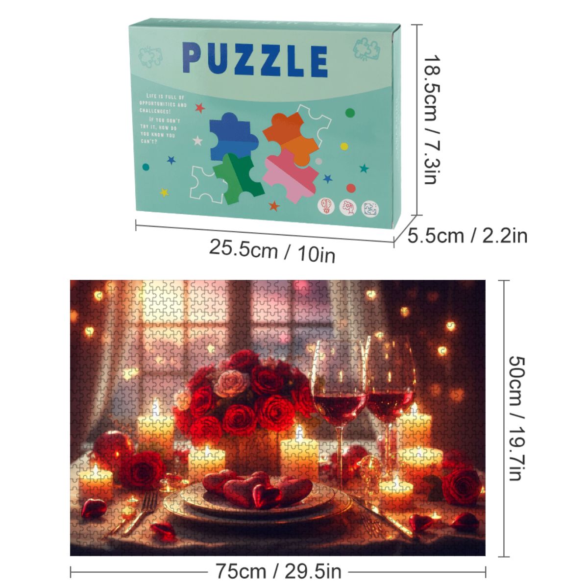 1000pcs Wooden Jigsaw Puzzles (Horizontal) (Made in USA) A romantic Valentine’s Day scene featuring a cozy candlelit dinner table set for two, adorned with r (2)