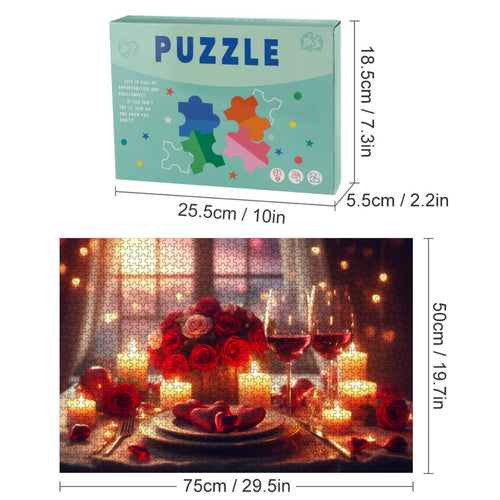 1000pcs Wooden Jigsaw Puzzles (Horizontal) (Made in USA) A romantic Valentine’s Day scene featuring a cozy candlelit dinner table set for two, adorned with r (2)