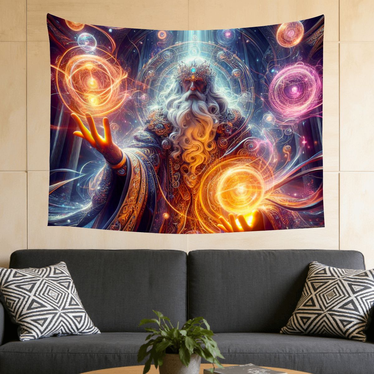 Small Horizontal Lightweight Wall Tapestry for Bedroom A hyperdetailed, raytraced scene depicting powerful wizards in the midst of casting intricate spel (2)edited1