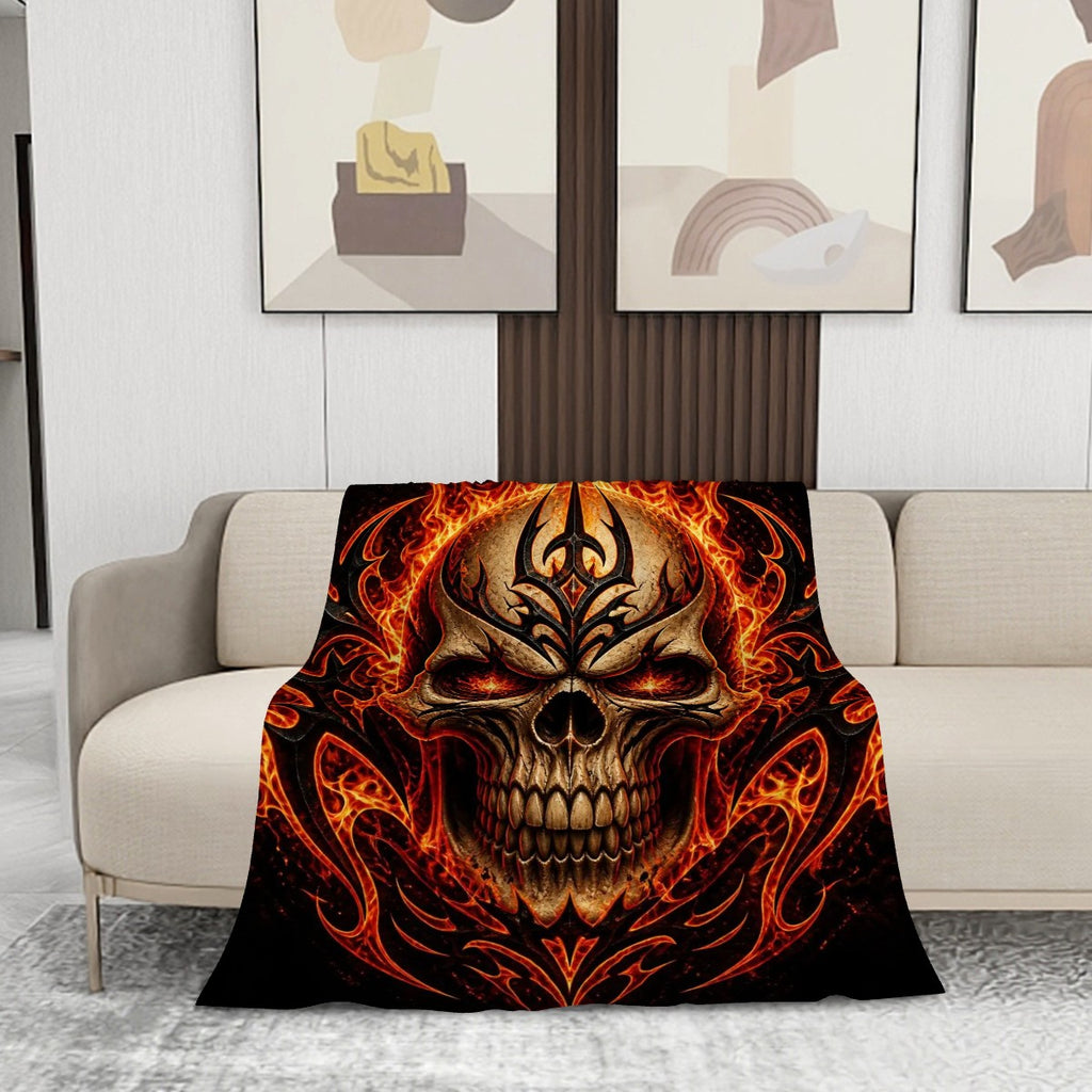 280 GSM MultiSize Flannel Throw Blanket (Vertical) A fiery skull with tribalinspired elements, flames surrounding the skull, bold tribal patterns