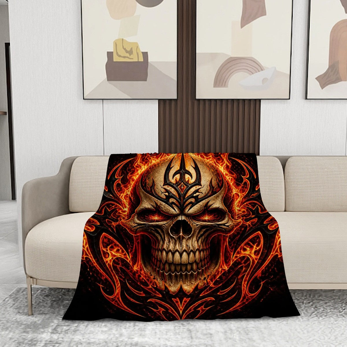 280 GSM MultiSize Flannel Throw Blanket (Vertical) A fiery skull with tribalinspired elements, flames surrounding the skull, bold tribal patterns