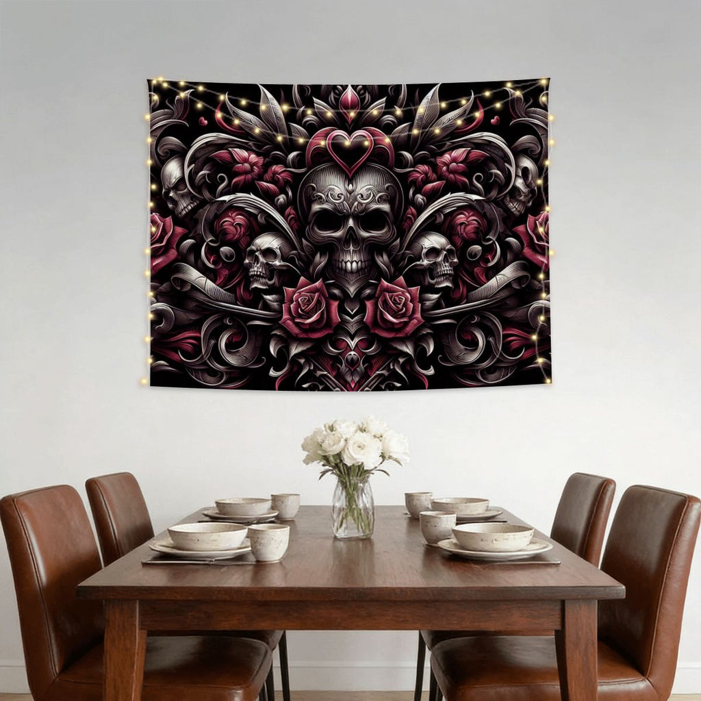 Small Horizontal Lightweight Wall Tapestry for Bedroom gothic image with hearts an skulls and roses in tribals (3)