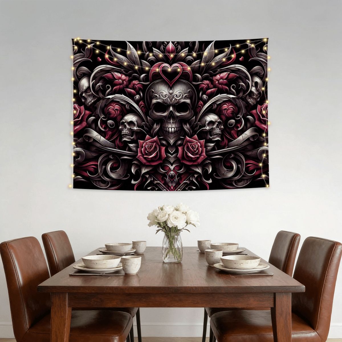 Small Horizontal Lightweight Wall Tapestry for Bedroom gothic image with hearts an skulls and roses in tribals (3)