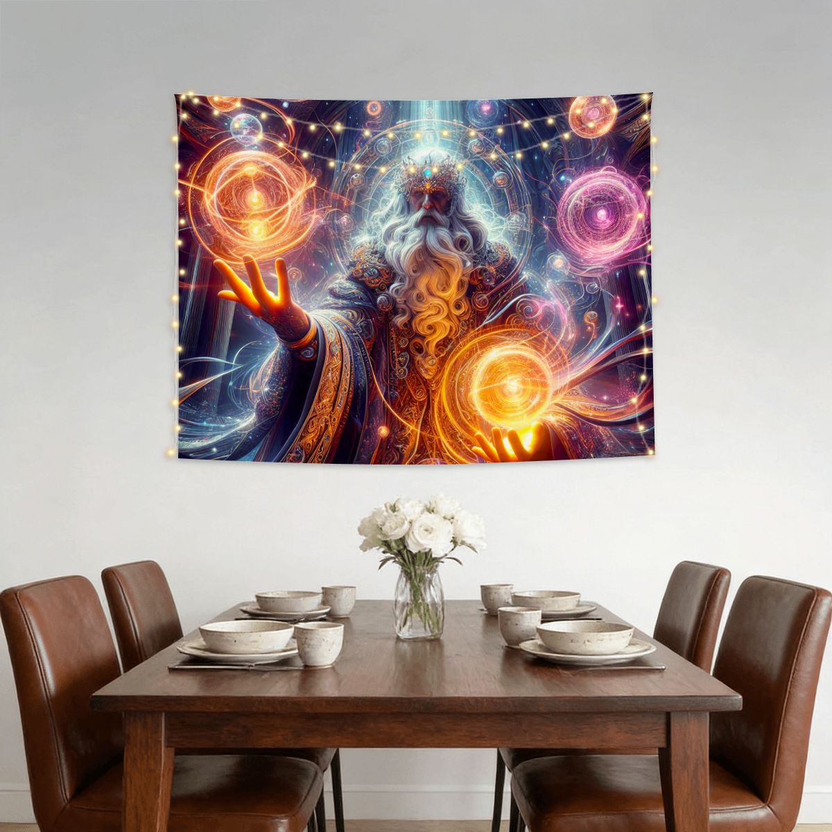 Small Horizontal Lightweight Wall Tapestry for Bedroom A hyperdetailed, raytraced scene depicting powerful wizards in the midst of casting intricate spel (2)edited1