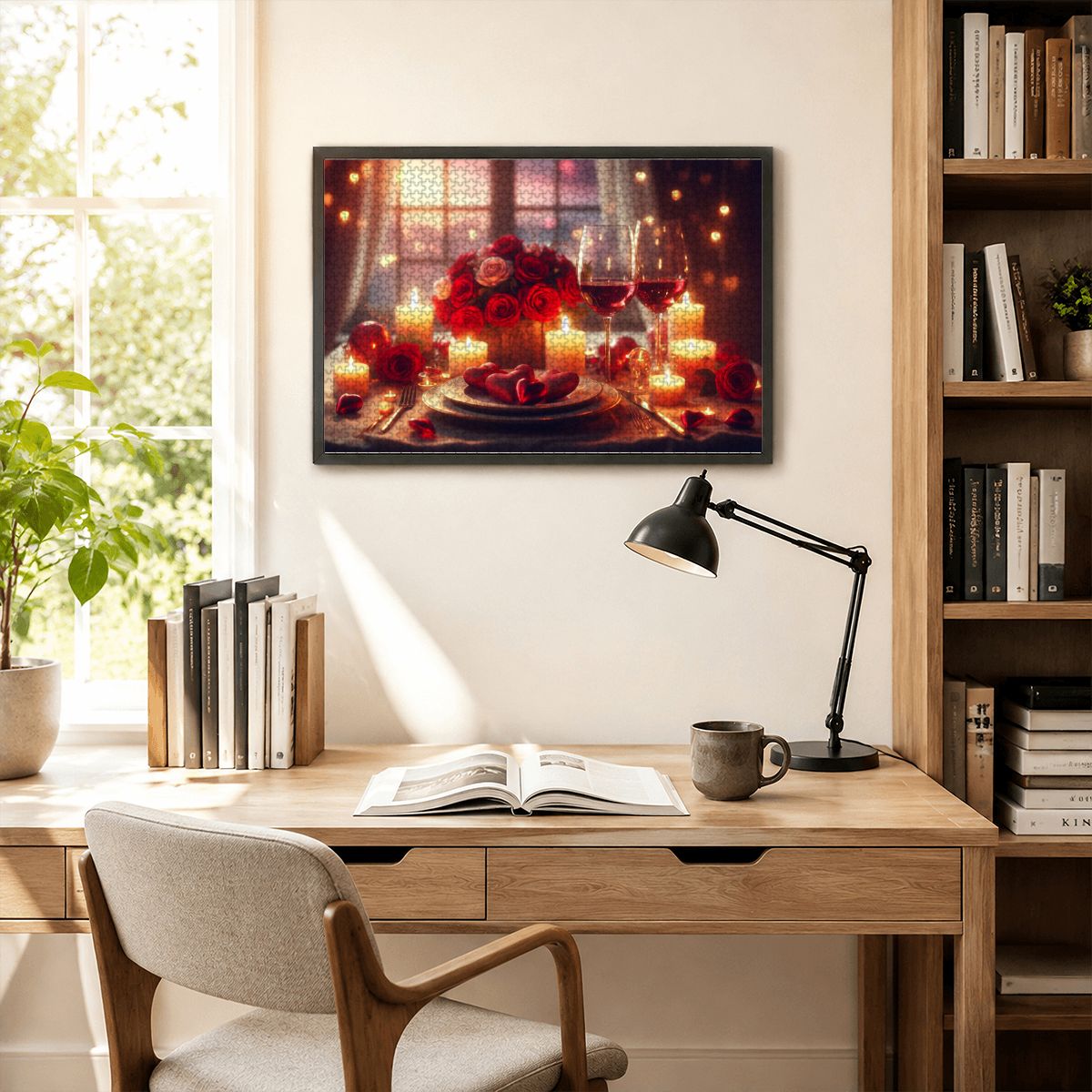 1000pcs Wooden Jigsaw Puzzles (Horizontal) (Made in USA) A romantic Valentine’s Day scene featuring a cozy candlelit dinner table set for two, adorned with r (2)