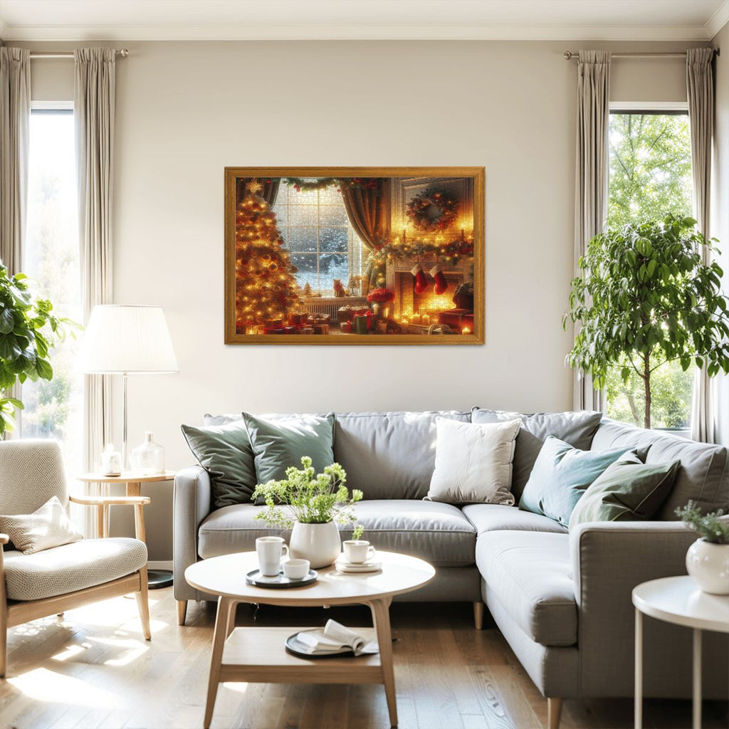 Wooden Jigsaw Puzzles 1000 pcs (Horizontal) A cozy living room decorated for Christmas, with a glowing fireplace casting warm light across the r (3)