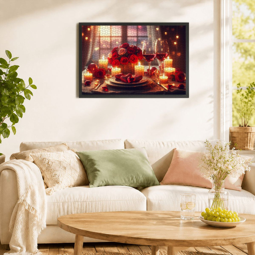 1000pcs Wooden Jigsaw Puzzles (Horizontal) (Made in USA) A romantic Valentine’s Day scene featuring a cozy candlelit dinner table set for two, adorned with r (2)
