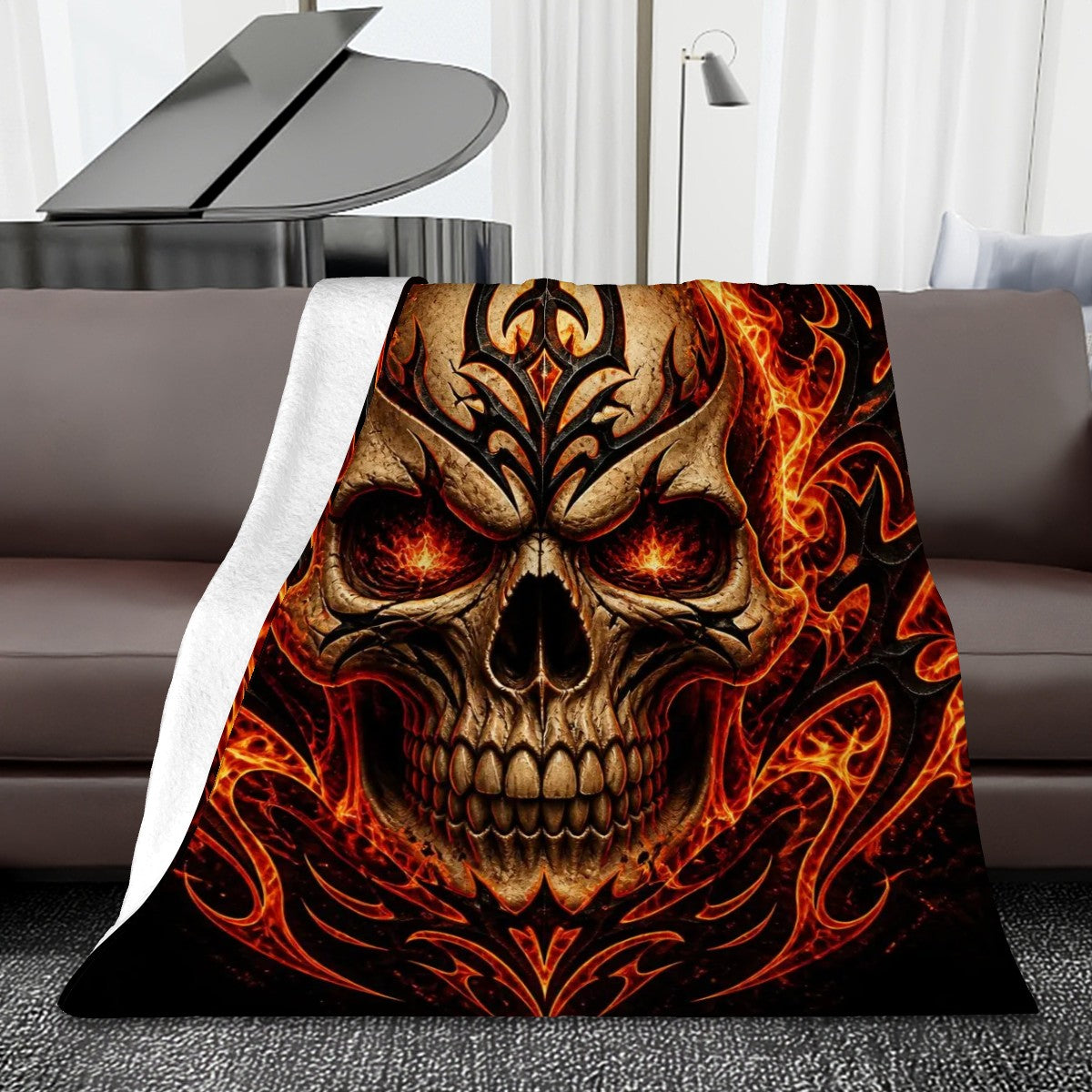 280 GSM MultiSize Flannel Throw Blanket (Vertical) A fiery skull with tribalinspired elements, flames surrounding the skull, bold tribal patterns