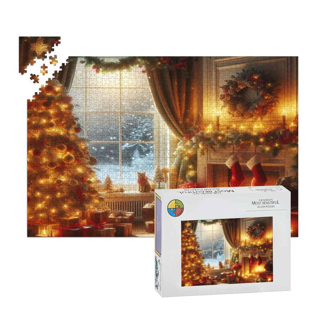 Wooden Jigsaw Puzzles 1000 pcs (Horizontal) A cozy living room decorated for Christmas, with a glowing fireplace casting warm light across the r (3)