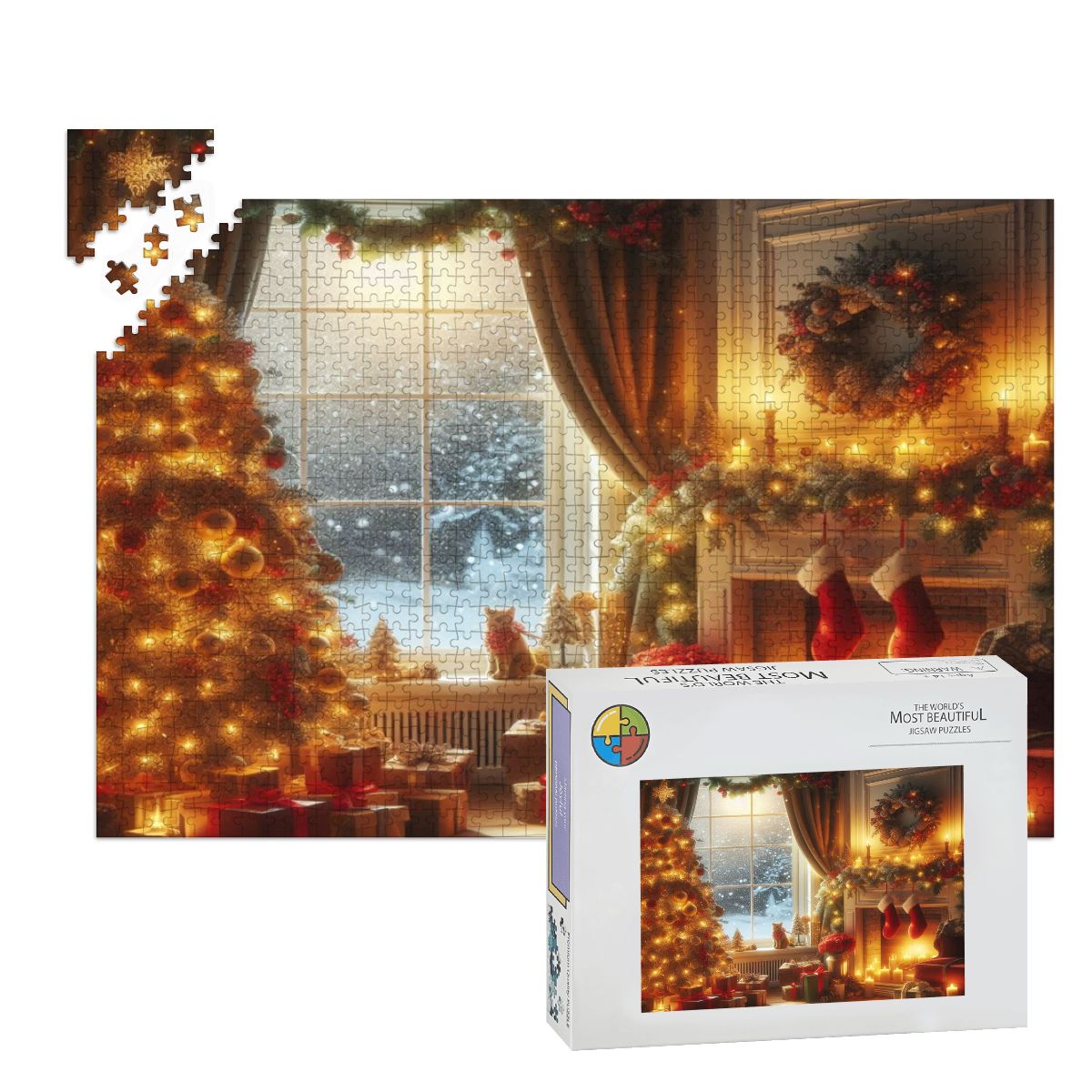 Wooden Jigsaw Puzzles 1000 pcs (Horizontal) A cozy living room decorated for Christmas, with a glowing fireplace casting warm light across the r (3)
