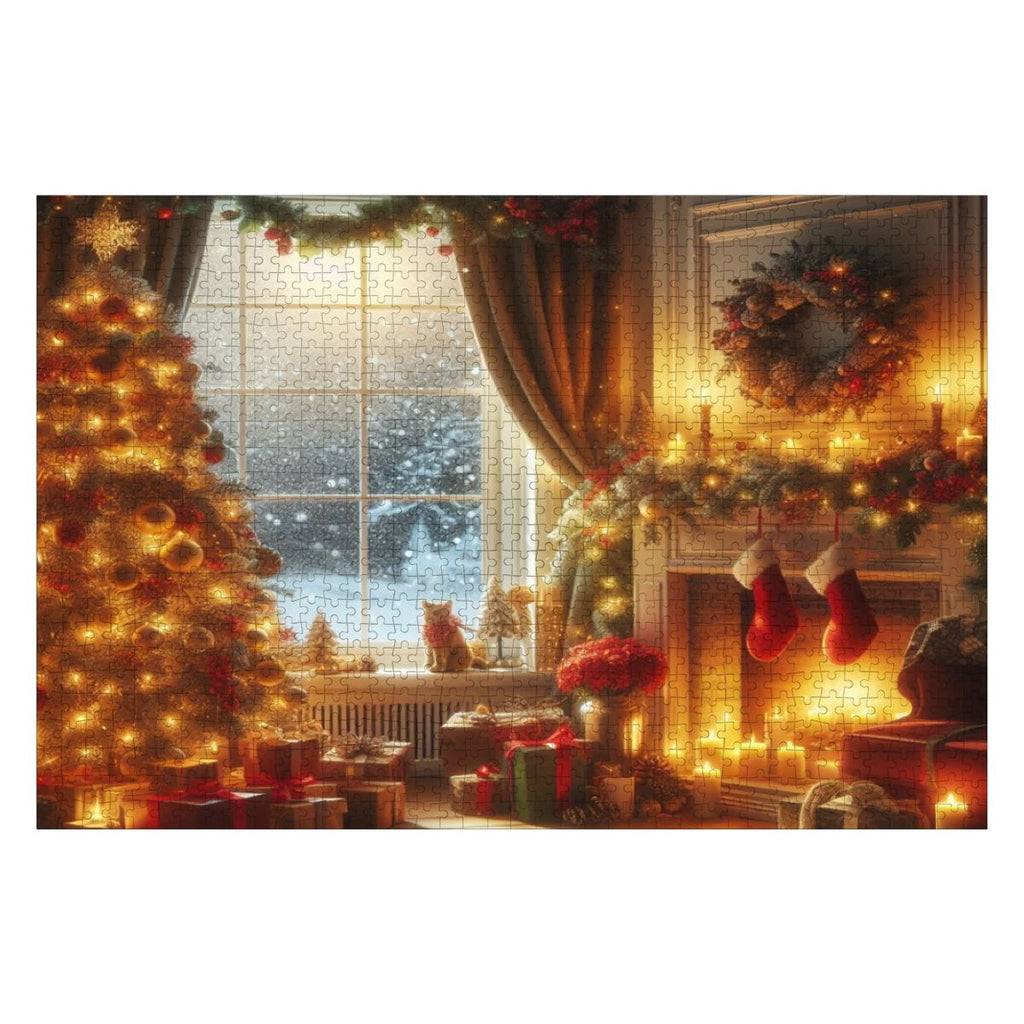 Wooden Jigsaw Puzzles 1000 pcs (Horizontal) A cozy living room decorated for Christmas, with a glowing fireplace casting warm light across the r (3)