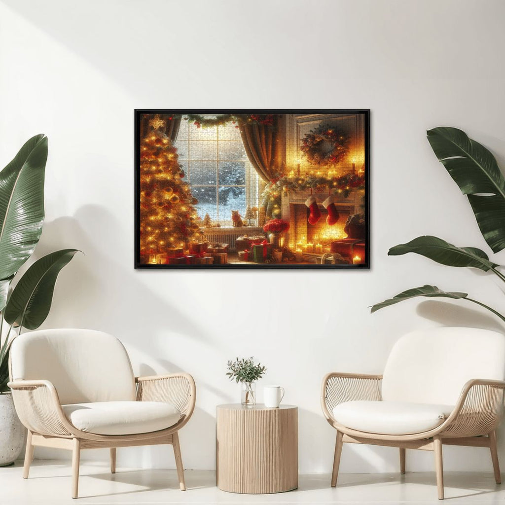 Wooden Jigsaw Puzzles 1000 pcs (Horizontal) A cozy living room decorated for Christmas, with a glowing fireplace casting warm light across the r (3)