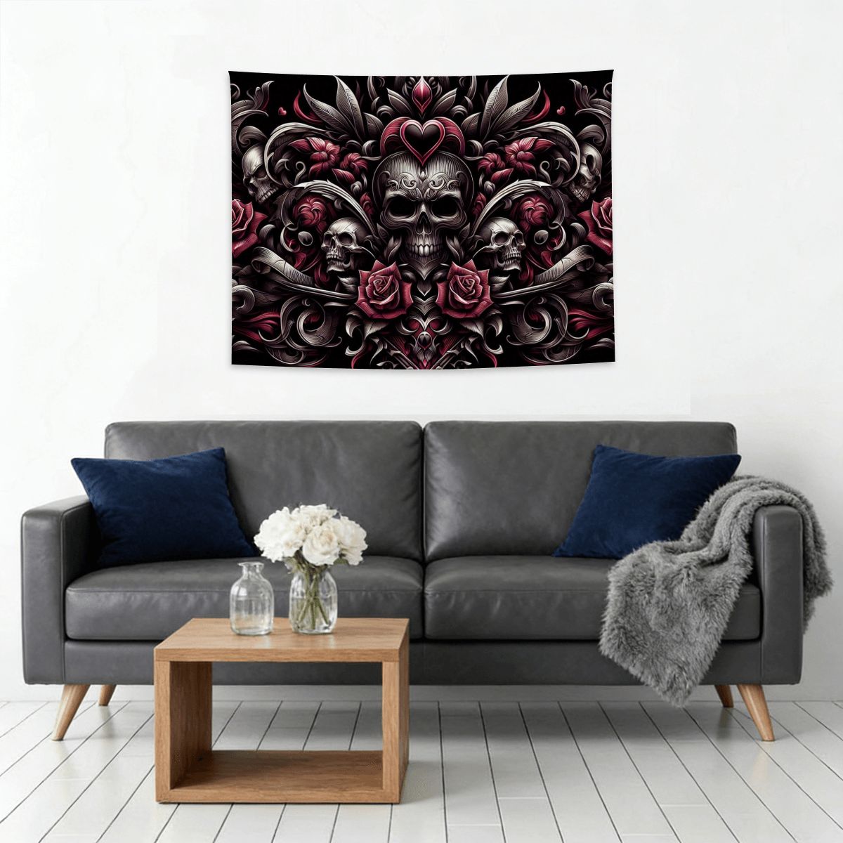 Small Horizontal Lightweight Wall Tapestry for Bedroom gothic image with hearts an skulls and roses in tribals (3)